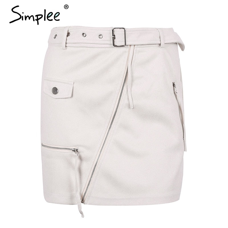Simplee Suede zipper mini skirt women Streetwear motorcycle belt pencil skirt Fashion elegant winter short skirt female 2018
