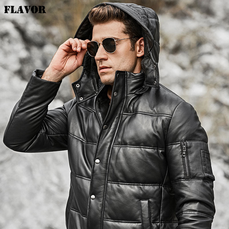 FLAVOR Men's Real Leather Down Coat Men Genuine Sheepskin Biker Winter Warm Leather Coat with Removable Hood
