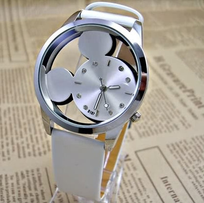 Fashion Cartoon Mickey Women Watch Men Transparent Hollow Quartz Watches Leather Strap Kid Wristwatch Girl Gift Relogio Feminino
