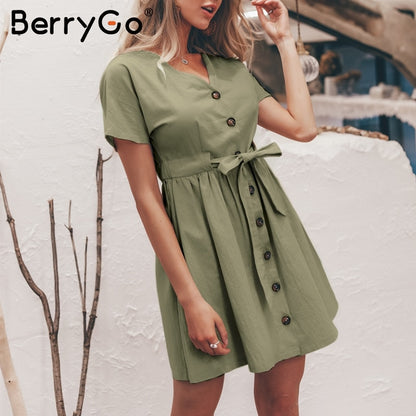 BerryGo Sexy v-neck women dresses linen dress Vintage short sleeve button sash mini dress Casual streetwear summer dress vestido