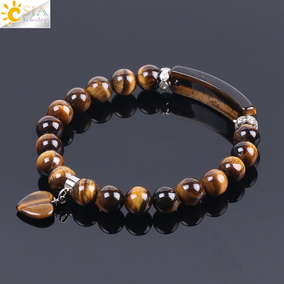 CSJA Natural Stone Beads Tiger Eye Men Strand Bracelets & Bangles Heart Shape Silver Color Fitting Women Jewelry Love Gifts F105