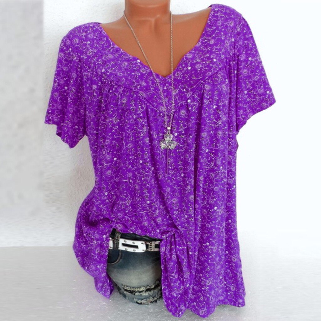 Women's Loose Casual Blouse Shirts V Neck Short Sleeve Bohemian Print Tops For Fashion Woman Femme Camisas Mujer