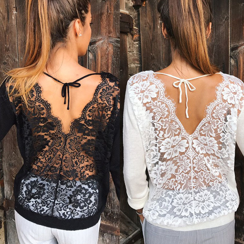 Backless Lace Sheer Long Sleeve Embroidery Floral Lace Crochet Tee Shirt Tops Women's Blouse