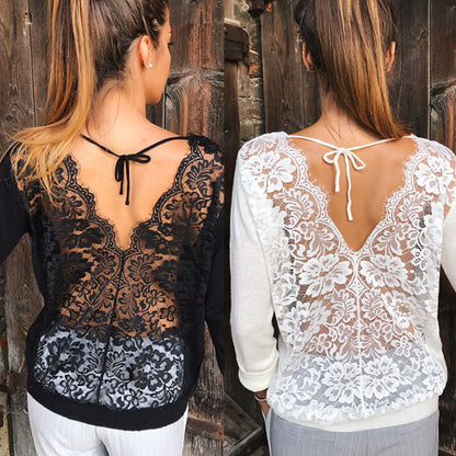 Backless Lace Sheer Long Sleeve Embroidery Floral Lace Crochet Tee Shirt Tops Women's Blouse