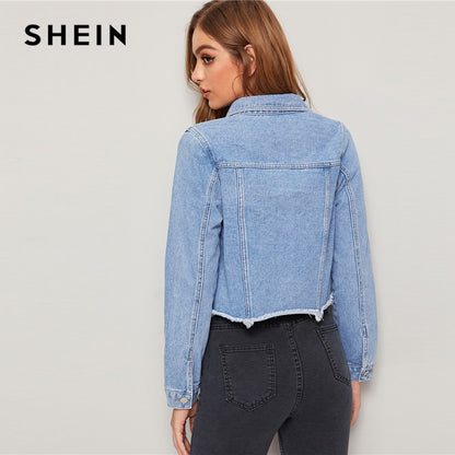 SHEIN Blue Frayed Edge Flap Pocket Spring Denim Jacket Coat Women 2019 Autumn Streetwear Single Breasted Ladies Casual Jackets