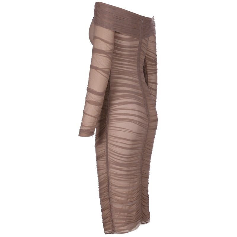 Deer Lady Summer Party Dress Women 2019 Sexy Mesh Bodycon Dress Long Sleeve Off Shoulder Sheer Ruched Celebrity Club Dress