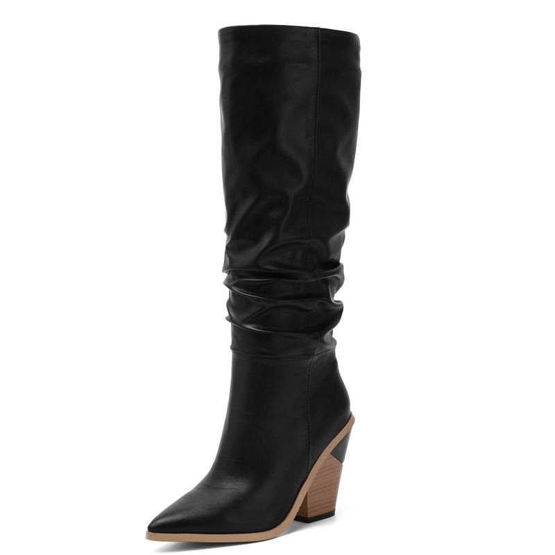 Black White Fashion Pleated Knee High Boots Women Pu Leather Wedges High Heels Long Boots Pointed Toe Autumn Winter Plush Shoes