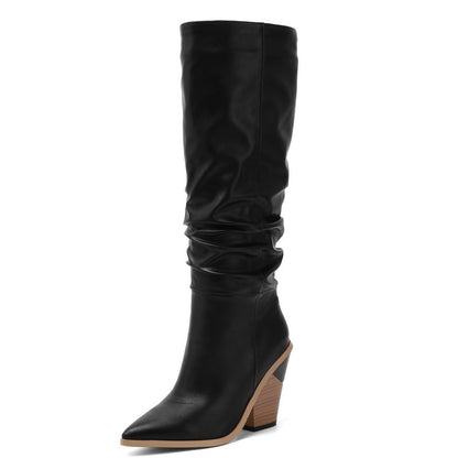 Black White Fashion Pleated Knee High Boots Women Pu Leather Wedges High Heels Long Boots Pointed Toe Autumn Winter Plush Shoes