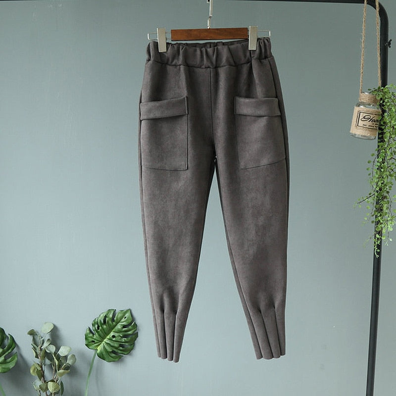 Casual Autumn Winter Women Pants Korean Elastic High Waist Pockets Suede Harem Pants Plus Size Trousers Women femme pantalon