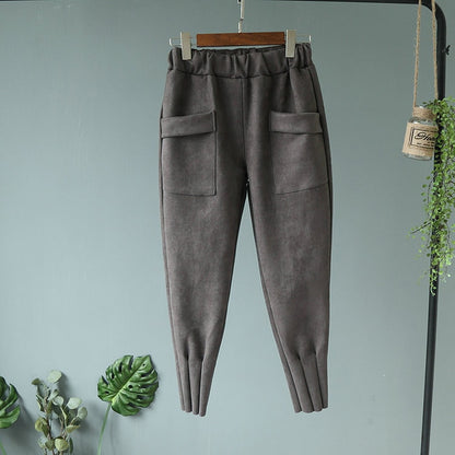 Casual Autumn Winter Women Pants Korean Elastic High Waist Pockets Suede Harem Pants Plus Size Trousers Women femme pantalon