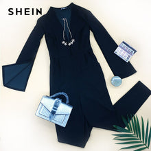 将图片加载到图库查看器，SHEIN Black Highstreet Office Lady Plunging Neck Cloak Sleeve Modern Sexy Maxi Tapered Jumpsuit Autumn Women Workwear Jumpsuits
