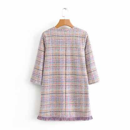 TMODA299 2020 Women Elegant Tweed Mini Dress Tassels Three Quater Sleeve O Neck Female Casual Fashion Chic Dresses Vestidos