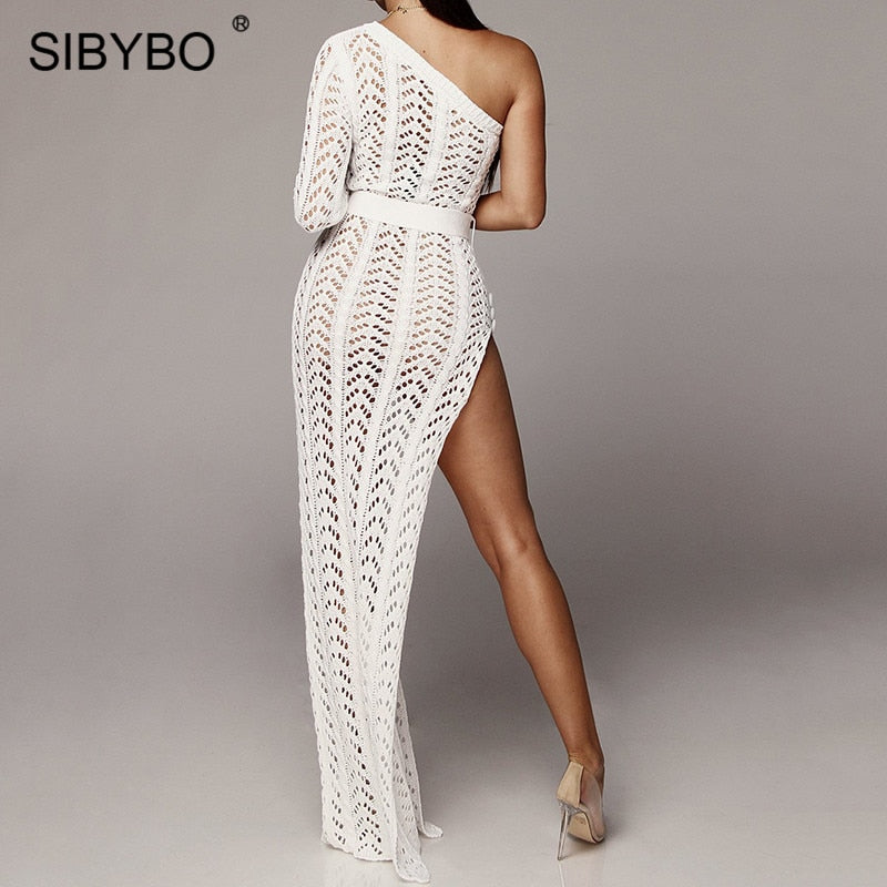 Sibybo Knitted One Shoulder Split Summer Dress Women Hollow Out Sashes Loose Sexy Long Dress Beach Casual Maxi Dress Party 2019