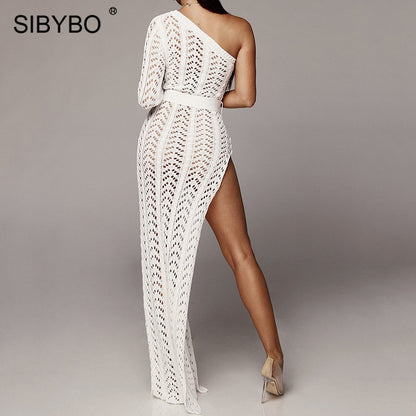 Sibybo Knitted One Shoulder Split Summer Dress Women Hollow Out Sashes Loose Sexy Long Dress Beach Casual Maxi Dress Party 2019