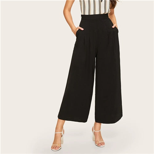 SHEIN Zip Side Slant Pocket Wide Leg Crop Pants 2019 Elegant Women Black Solid Spring Autumn Trousers Wide Leg Pants