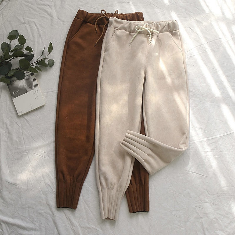 Casual Autumn Winter Women Pants Korean Elastic High Waist Pockets Suede Harem Pants Plus Size Trousers Women femme pantalon