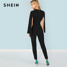 将图片加载到图库查看器，SHEIN Black Highstreet Office Lady Plunging Neck Cloak Sleeve Modern Sexy Maxi Tapered Jumpsuit Autumn Women Workwear Jumpsuits
