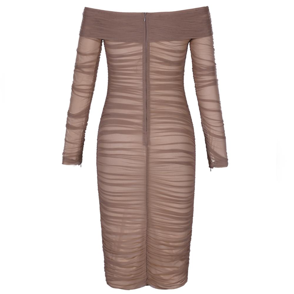 Deer Lady Summer Party Dress Women 2019 Sexy Mesh Bodycon Dress Long Sleeve Off Shoulder Sheer Ruched Celebrity Club Dress