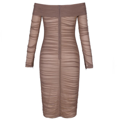 Deer Lady Summer Party Dress Women 2019 Sexy Mesh Bodycon Dress Long Sleeve Off Shoulder Sheer Ruched Celebrity Club Dress