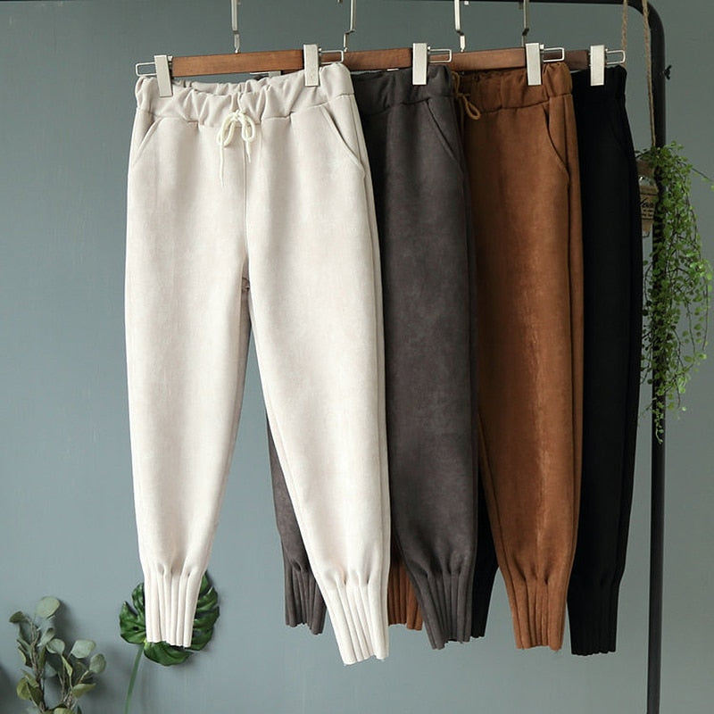 Casual Autumn Winter Women Pants Korean Elastic High Waist Pockets Suede Harem Pants Plus Size Trousers Women femme pantalon