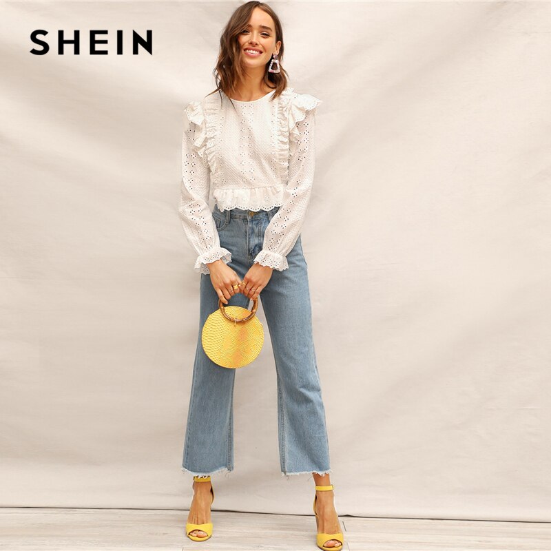 SHEIN White Ruffle Trim Embroidered Eyelet Top Flounce Sleeve Lace Blouse Women Spring Solid Scallop Front Boho Elegant Blouses