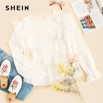 SHEIN White Ruffle Trim Embroidered Eyelet Top Flounce Sleeve Lace Blouse Women Spring Solid Scallop Front Boho Elegant Blouses