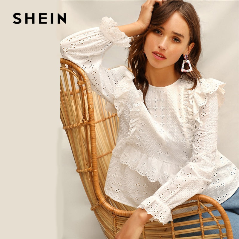 SHEIN White Ruffle Trim Embroidered Eyelet Top Flounce Sleeve Lace Blouse Women Spring Solid Scallop Front Boho Elegant Blouses