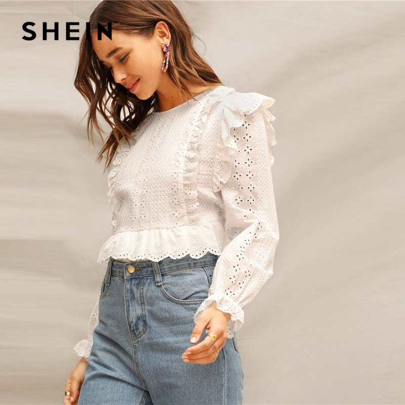 SHEIN White Ruffle Trim Embroidered Eyelet Top Flounce Sleeve Lace Blouse Women Spring Solid Scallop Front Boho Elegant Blouses