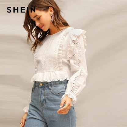 SHEIN White Ruffle Trim Embroidered Eyelet Top Flounce Sleeve Lace Blouse Women Spring Solid Scallop Front Boho Elegant Blouses