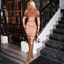 Cargar imagen en el visor de la galería, Deer Lady Summer Party Dress Women 2019 Sexy Mesh Bodycon Dress Long Sleeve Off Shoulder Sheer Ruched Celebrity Club Dress
