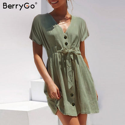 BerryGo Sexy v-neck women dresses linen dress Vintage short sleeve button sash mini dress Casual streetwear summer dress vestido