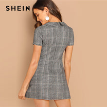 Cargar imagen en el visor de la galería, SHEIN Grey 100% Cotton Peter-Pan-Collar Plaid Short Sheath Short Sleeve Flared Dress Autumn Elegant Modern Lady Women Dresses
