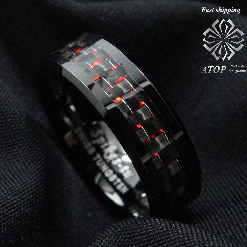 Men's Tungsten Ring with Carbon Fiber 8mm Black and red men's Wedding Band Free Shipping