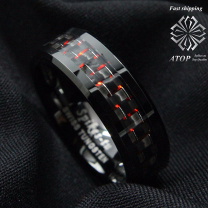 Men's Tungsten Ring with Carbon Fiber 8mm Black and red men's Wedding Band Free Shipping