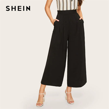 SHEIN Zip Side Slant Pocket Wide Leg Crop Pants 2019 Elegant Women Black Solid Spring Autumn Trousers Wide Leg Pants
