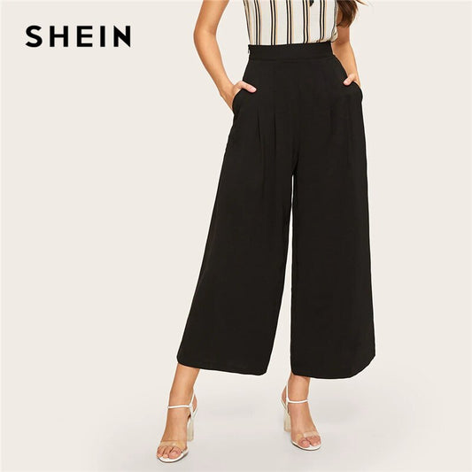 SHEIN Zip Side Slant Pocket Wide Leg Crop Pants 2019 Elegant Women Black Solid Spring Autumn Trousers Wide Leg Pants