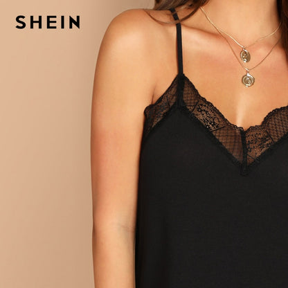 SHEIN V-strap Back Contrast Lace Trim Cami Spaghetti Strap Plain Top Women Autumn Casual Elegant Stretchy Modern Lady Tank