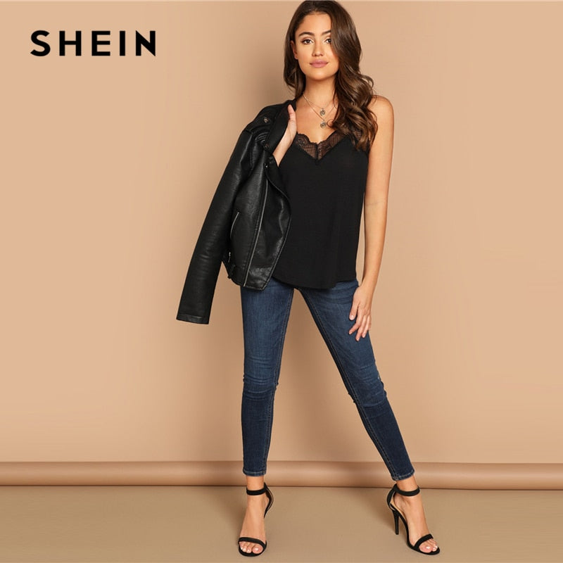 SHEIN V-strap Back Contrast Lace Trim Cami Spaghetti Strap Plain Top Women Autumn Casual Elegant Stretchy Modern Lady Tank