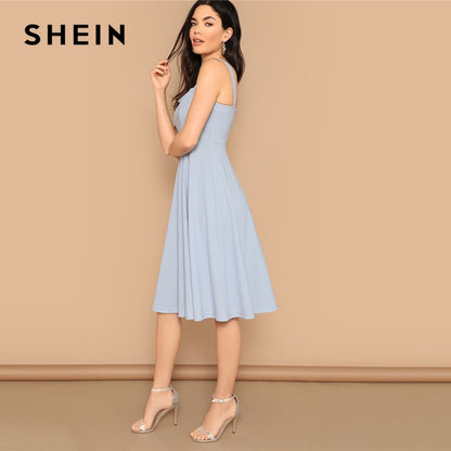 SHEIN Blue Zip Back Fit and Flare Tank Midi Dress 2019 Spring A Line Fit And Flare High Waist Sleeveless Elegant Dresses