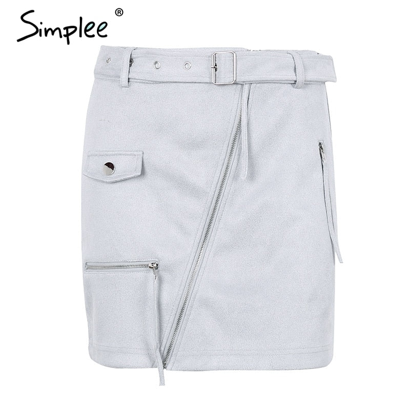 Simplee Suede zipper mini skirt women Streetwear motorcycle belt pencil skirt Fashion elegant winter short skirt female 2018
