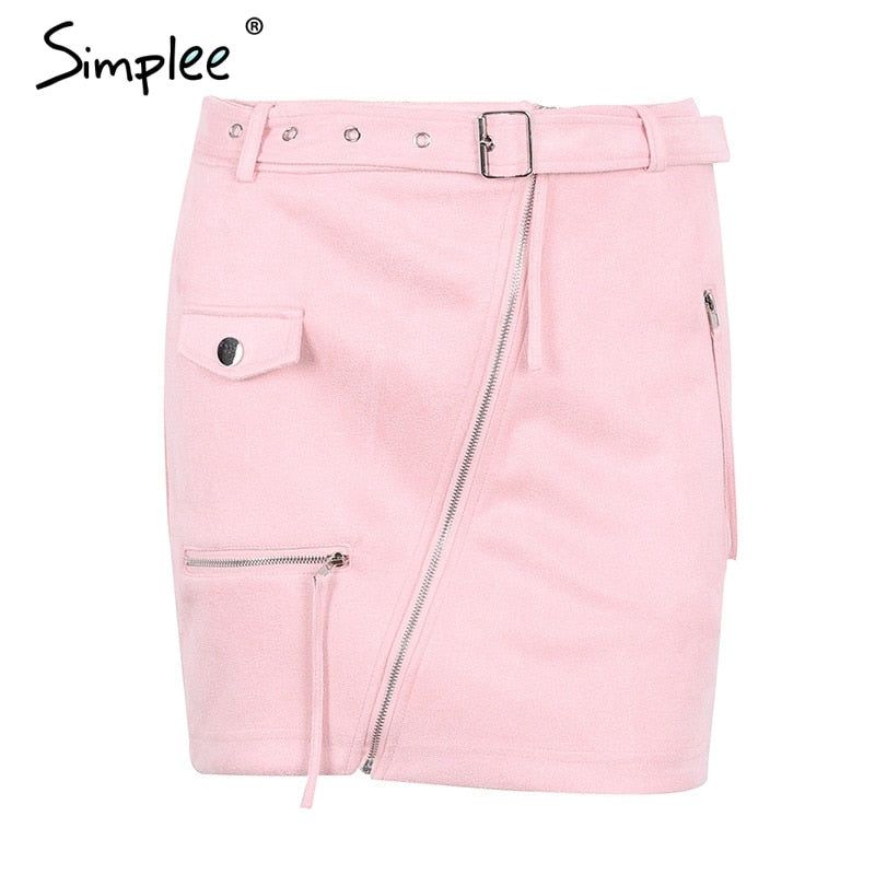 Simplee Suede zipper mini skirt women Streetwear motorcycle belt pencil skirt Fashion elegant winter short skirt female 2018