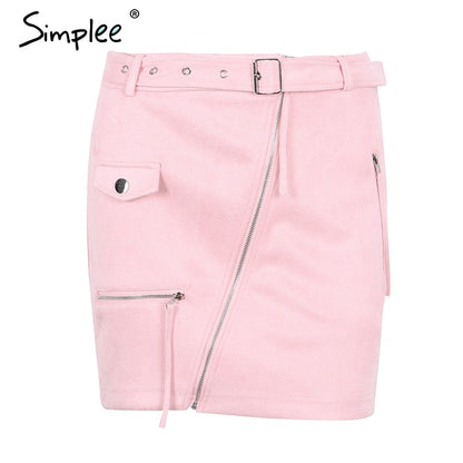 Simplee Suede zipper mini skirt women Streetwear motorcycle belt pencil skirt Fashion elegant winter short skirt female 2018