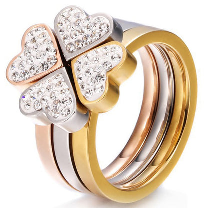 Gorgeous Three Ring Set For Women High Quality Stainless Steel three colors Crystal Clover Ring With crystals