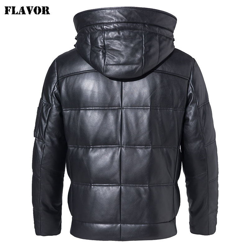 FLAVOR Men's Real Leather Down Coat Men Genuine Sheepskin Biker Winter Warm Leather Coat with Removable Hood