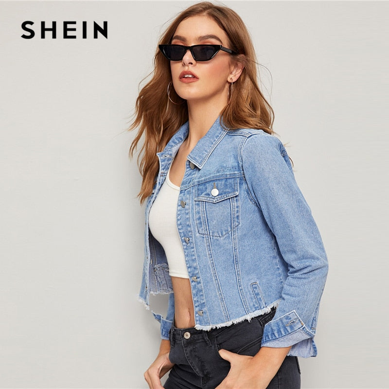 SHEIN Blue Frayed Edge Flap Pocket Spring Denim Jacket Coat Women 2019 Autumn Streetwear Single Breasted Ladies Casual Jackets