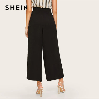 SHEIN Zip Side Slant Pocket Wide Leg Crop Pants 2019 Elegant Women Black Solid Spring Autumn Trousers Wide Leg Pants