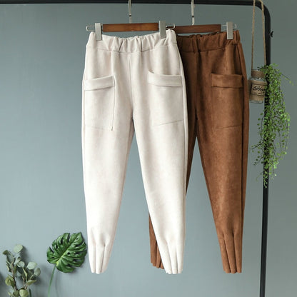 Casual Autumn Winter Women Pants Korean Elastic High Waist Pockets Suede Harem Pants Plus Size Trousers Women femme pantalon