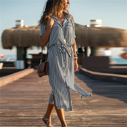Aachoae Turn Down Collar Office Ladies Stripe Shirt Dress Long Boho Beach Dress Casual Long Sleeve Elegant Party Dress Vestidos