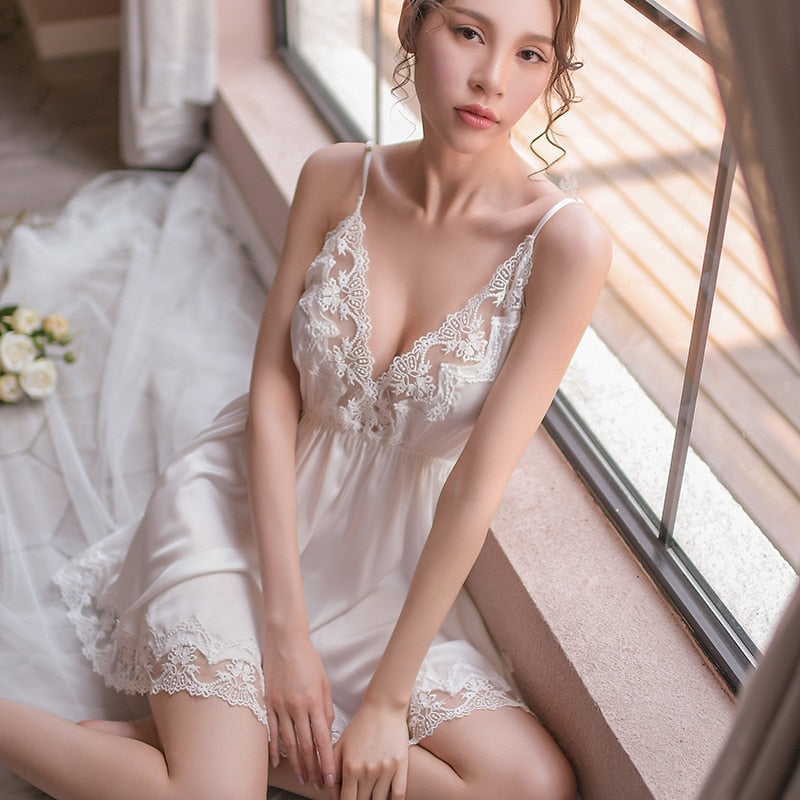 Night Sleep Dress Nighties for Women Underwear Lingerie Sling Lace Embroidery V-Neck Sexy Nightdress Lenceria Femenina