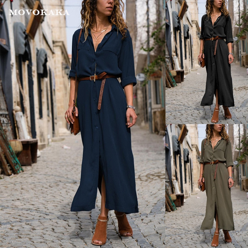 New Hot Fashion Button Long Dress Elegant Women Dresses Casual Work Dress Plus Size Pocket Slim Black Dresses Women Long Sleeves